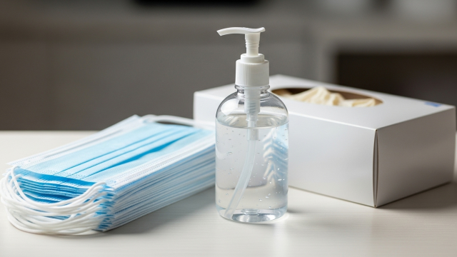A bottle of hand sanitizer, a stack of blue and white face masks, and a tissue box on a table.