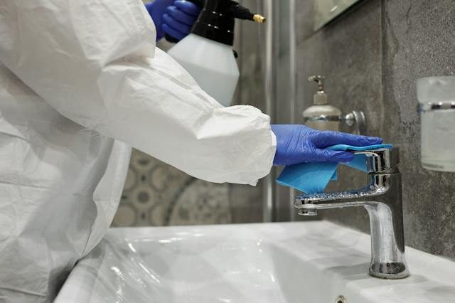 Person wearing protective gloves and suit disinfecting a bathroom sink and faucet with a cloth and spray bottle.